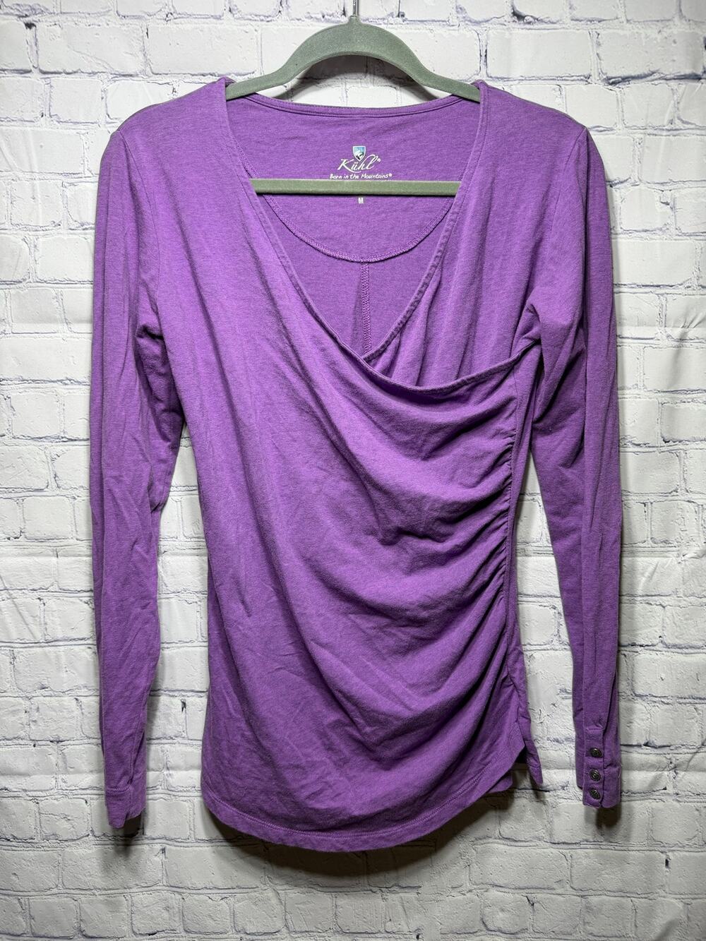 Kuhl Womens Mock-Wrap Neck Ruched Long Sleeve Top Purple Sz M
